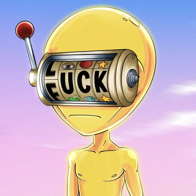 A digital illustration shows a yellow humanoid figure with a slot-machine visor over its eyes, displaying the word "FUCK" on the spinning reels against a pink and purple sky.