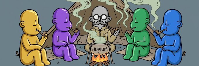A cartoon illustration of five featureless figures in yellow, purple, beige, green, and blue smoking pipes around a campfire in a pot labeled 'HOPIUM'.