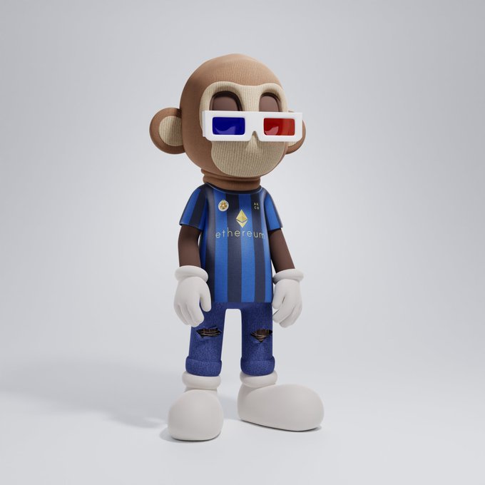 A 3D render of a toy figure resembling an ape wearing 3D glasses, a blue and black striped 'ethereum' shirt, and ripped jeans.