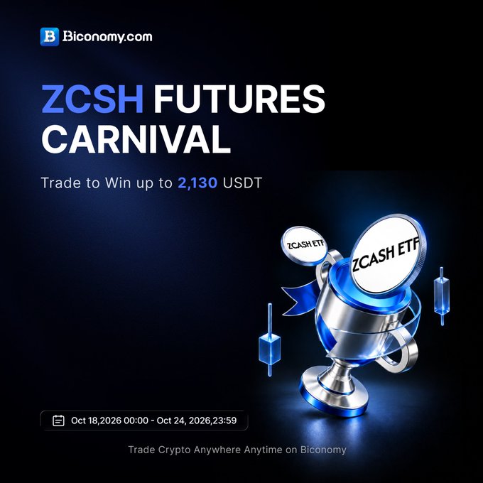 A promotional advertisement for Biconomy.com announces the 'ZCSH FUTURES CARNIVAL' trading event with a chance to win up to 2,130 USDT, featuring 3D ZCASH ETF coin graphics and dates from Oct 18-24, 2026.