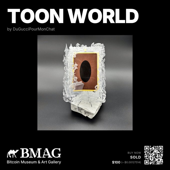 BMAG 'BUY NOW' listing for 'TOON WORLD' by DuGucciPourMonChat, featuring an ornate silver picture frame NFT with a black oval silhouette, priced at $100 (~₿0.00127514).