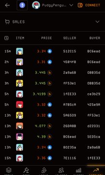 Mobile app screenshot showing a sales interface for 'PudgyPengu...' collection with NFT items, prices in ETH, and seller/buyer addresses listed in a transaction history.