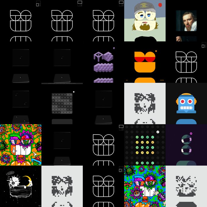 A collage of various digital art pieces, including pixel art faces, colorful characters wearing sunglasses, and a Caravaggio-style classical portrait in the corner.