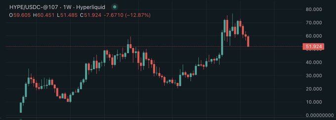 The image shows a Hyperliquid weekly candlestick chart for HYPE/USDC, displaying a strong uptrend with a recent pullback to $51.924 (down 12.87% from $59.605 open), still well above its early lows near $0. This supports the post's argument that despite the recent correction, HYPE remains significantly closer to $100 than to $0, reinforcing the bullish perspective.