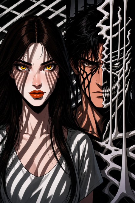 A dark anime-style illustration featuring a woman with glowing yellow eyes in the foreground and a menacing, scarred figure behind her.