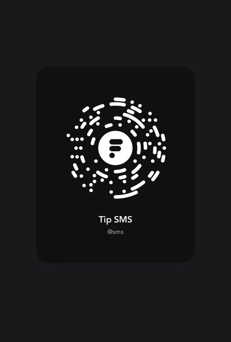 A dark app card displays a circular, radiating pattern of white dots and dashes surrounding a central chat-bubble logo, labeled "Tip SMS" with the handle "@sms" beneath it. The design matches the post's call-to-action to download and reply with a tip card.