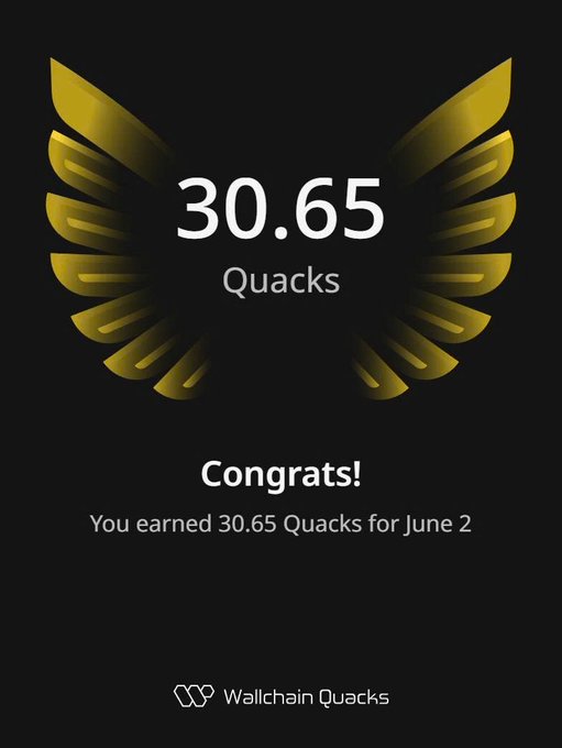 The image features a black background with a gold-colored illustration of an award or certificate symbol on the right side. The text below the illustration says, "congrats! you earned 30.65 quacks for June 2". Another piece of information is provided about Wallchain Quakers and their project, which states that they are already engineering infrastructure layers for the future with quantum computing becoming practical.