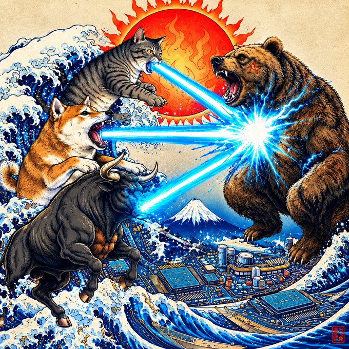 A vibrant illustration shows a cat, dog, and bull firing blue laser beams at a roaring bear, with Mt. Fuji and a circuit-board city in the background, symbolizing the bullish vs. bearish crypto "battle" energy of the post. The Japanese ukiyo-e style and laser-filled clash visually echo the post's playful "gm happy friday, who's ready for battle?" rallying cry for traders.