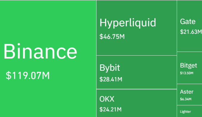 The image is a treemap displaying cryptocurrency exchange liquidations, with Binance dominating at $119.07M, followed by Hyperliquid ($46.75M), Bybit ($28.41M), OKX ($24.21M), Gate ($21.63M), Bitget ($13.50M), Aster ($6.34M), and Lighter. This breakdown illustrates how Binance accounted for nearly half of the $261 million in total liquidations affecting over 80K traders.