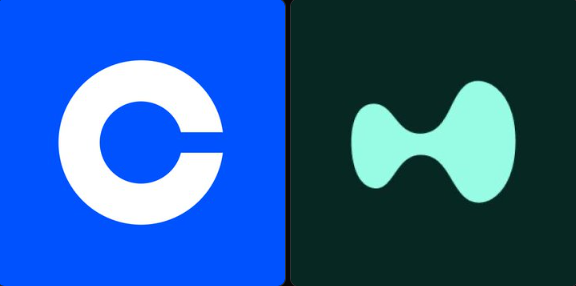 The image shows the Coinbase logo (a white "C" on a blue background) alongside the Hyperliquid logo (a teal/cyan abstract "H" or bowtie-shaped symbol on a dark background), representing the integration of Hyperliquid's perpetual futures trading features into the Base App powered by Coinbase.