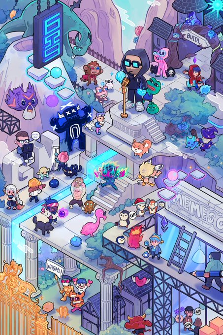 A detailed, colorful isometric pixel-art illustration depicting a bustling fantasy/gaming realm with various characters, creatures, and buildings, including a central hooded figure with glasses and signs reading 'BUILD' and 'MEMES'.
