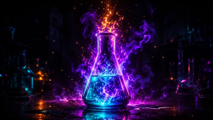 A glowing Erlenmeyer flask filled with blue liquid emitting purple smoke and orange sparks in a dark laboratory setting.
