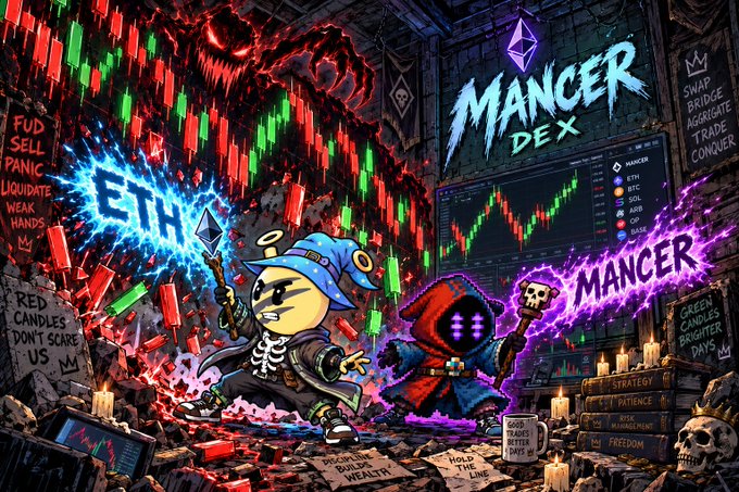 Chaotic trading-themed artwork labeled 'MANCER DEX' showing characters with candlestick charts, 'ETH' in blue energy, 'MANCER' in purple, and phrases like 'FUD SELL PANIC LIQUIDATE' and 'GREEN CANDLES BRIGHTER DAYS'