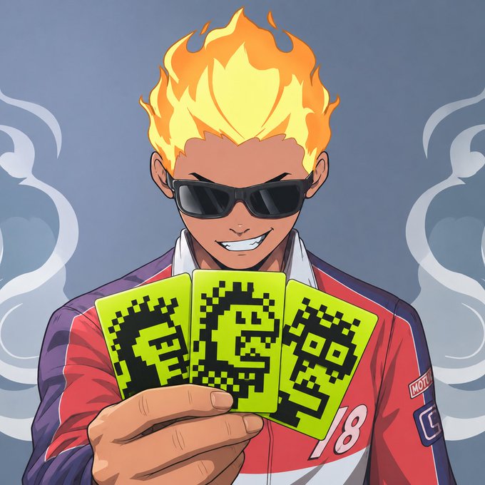 An anime-style illustration of a character with flaming yellow hair and dark sunglasses, wearing a red and blue jacket with the number '18', holding three green cards with pixelated faces.