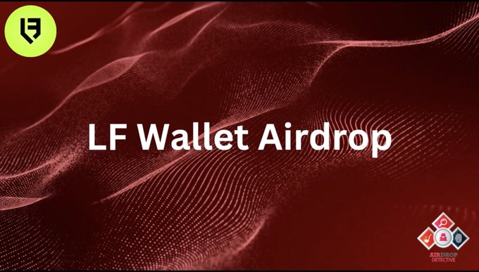 A promotional banner with a red wave-patterned background displays "LF Wallet Airdrop" with the LF logo in the top left and an "AIRDROP DETECTIVE" logo in the bottom right.