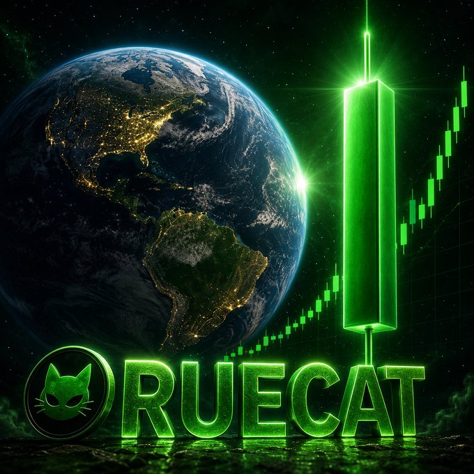 A digital artwork shows the Earth from space alongside a glowing green 3D bar chart and the word 'RUECAT' in green neon lettering next to a cat logo.