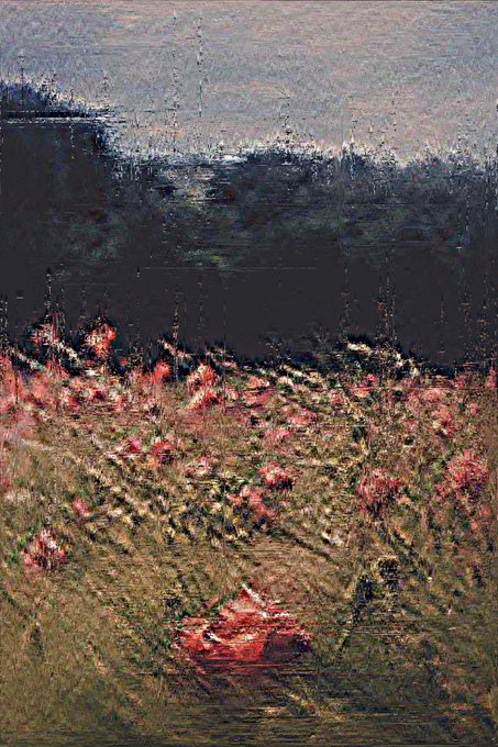An impressionist-style painting of a landscape with a dark, moody sky over a field of pink and red flowers.
