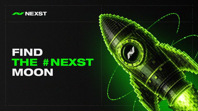 The image features a green rocket ship with the number "NXT" written on it, floating above a black background. The rocket ship appears to be in motion, as if it's flying through space or moving along its trajectory. Below the rocket ship, there is text that reads "Find the #NXT Moon", which suggests that the rocket ship might be related to cryptocurrency or space exploration.