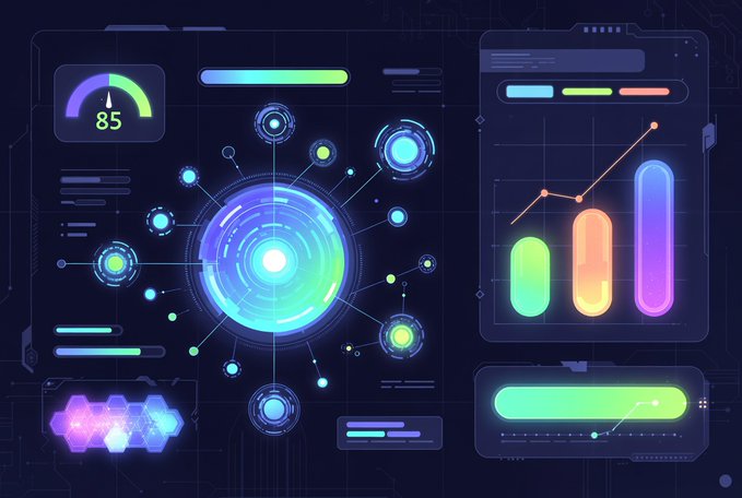 A futuristic digital dashboard interface featuring a speedometer-style gauge reading '85', a circular network/node diagram, colorful bar and line charts in pink, orange, and green, with a neon blue background.