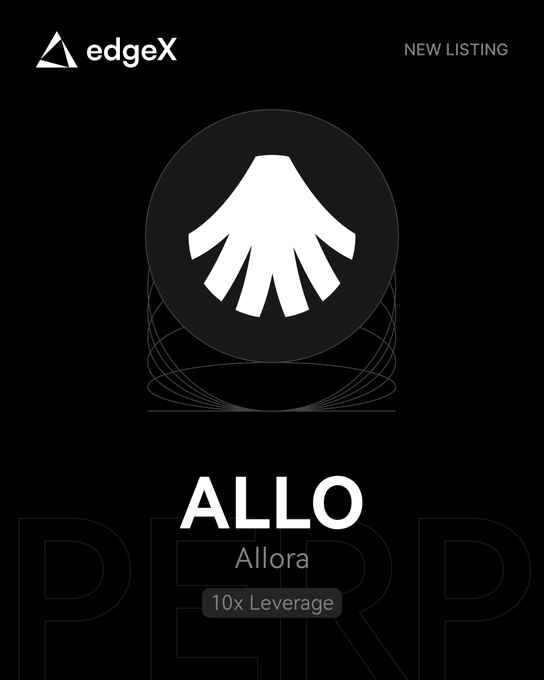 EdgeX exchange announcement graphic for the new $ALLO perpetual listing, featuring the Allora logo with "ALLO / Allora / 10x Leverage" text on a black background, promoting the self-improving decentralized AI network now available for trading on edgeX V2.
