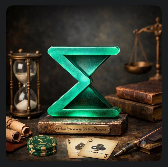 A glowing green three-dimensional "Σ" (Sigma) symbol trophy sits on a stone pedestal labeled "Cross Community Poker Champion," surrounded by an hourglass, brass scales of justice, aged books, playing cards, and a poker chip bearing the matching Σ logo. The image ties directly to the post by symbolizing the prestigious "OG" status awaiting the SUMEX community—one of the few remaining days to claim the SUMEX OG Pass and be recognized as a true champion and early supporter of the project.