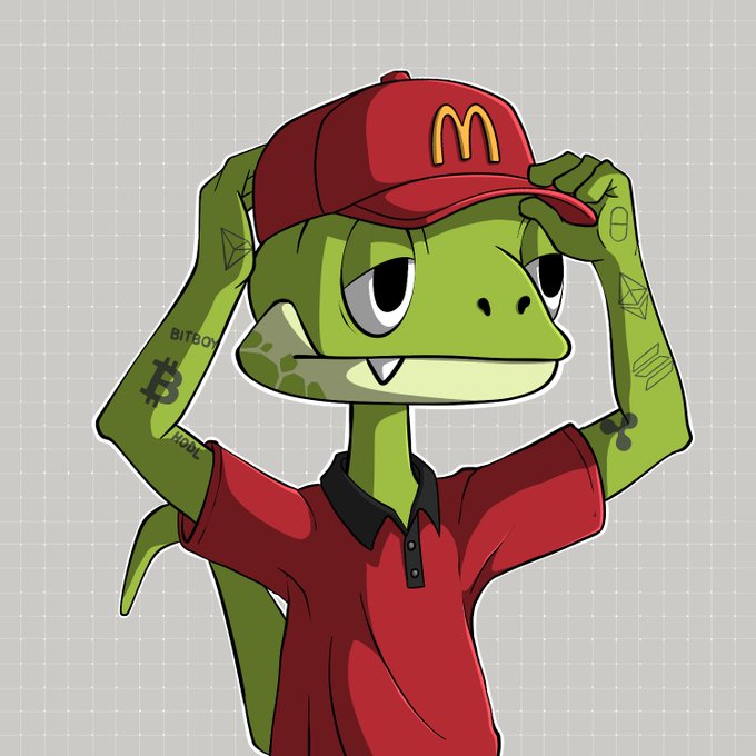 A cartoon green lizard with Bitcoin-themed tattoos (including "BITBOY" and a Bitcoin logo) puts on a red McDonald's cap, cleverly referencing the "McDonald's rally" in crypto culture—where historical BTC price surges followed McDonald's references—tying into the post's talk of Robinhood, NFTs, and doing your own research.