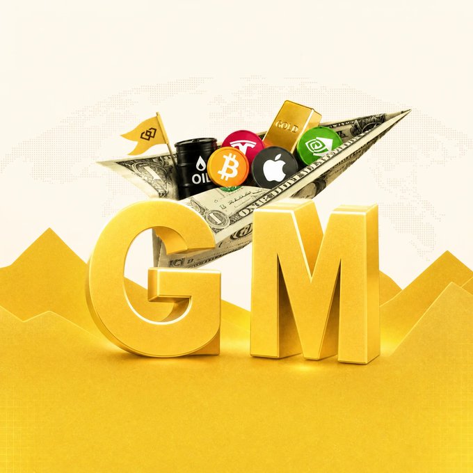 A paper boat made of U.S. dollar bills sails through a golden sea, carrying barrels of oil, gold bars, and icons for BTC, Tesla, Apple, and Cash App. Bold golden 3D letters spelling "GM" stand in the foreground, pairing with the post's "It's always a GM" to greet the crypto and stock markets with cheerful, bullish energy.