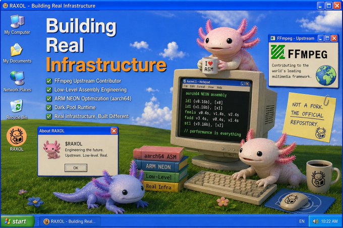 A retro Windows XP-style graphic titled 'RAXOL - Building Real Infrastructure' featuring cartoon axolotls around a computer, listing features like 'FFmpeg Upstream Contributor' and 'aarch64 NEON Optimization'.