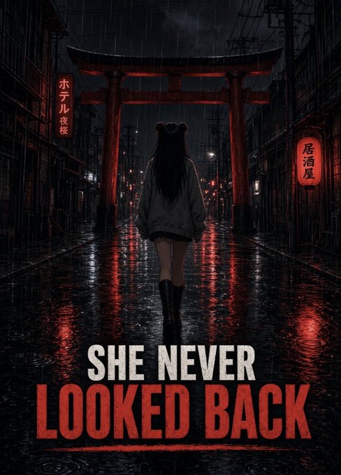 A moody poster-style image of a girl with long dark hair viewed from behind, walking down a rain-soaked street toward a red torii gate with Japanese signs reading 'ホテル夜桜' and '居酒屋'. Bold red and white text at the bottom reads 'SHE NEVER LOOKED BACK'.