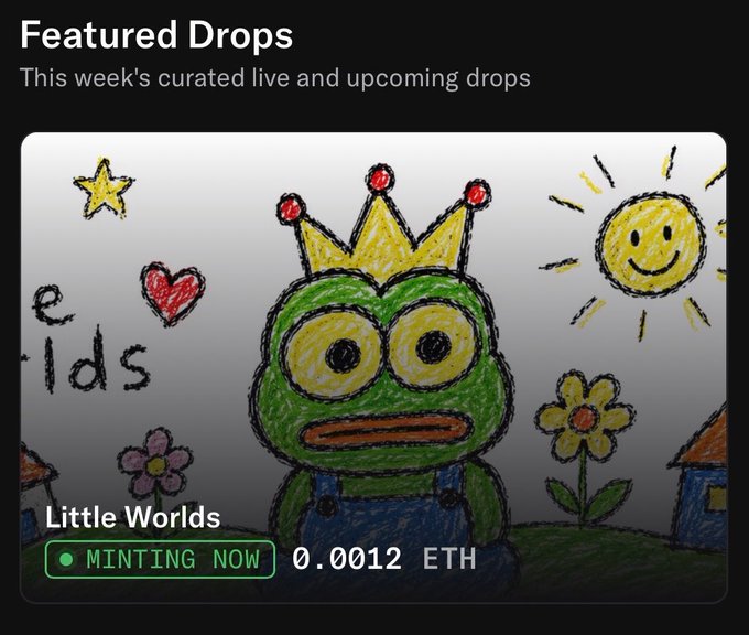 A featured drops section displaying 'Little Worlds' artwork of a green frog character wearing a yellow crown, with 'MINTING NOW' status and a price of 0.0012 ETH.