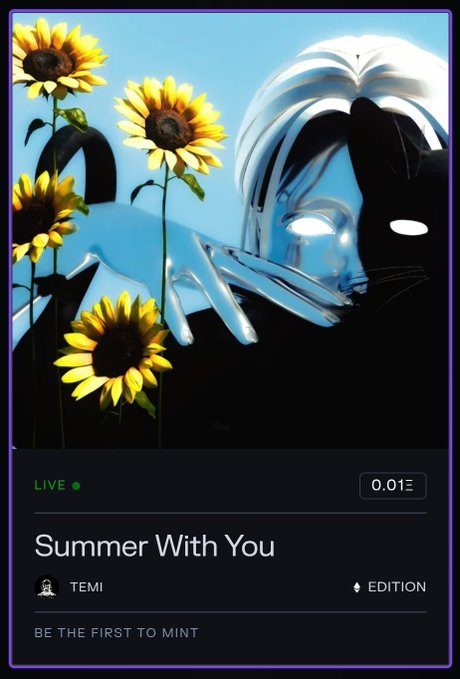 An NFT listing titled 'Summer With You' by TEMI, marked as LIVE at 0.01 ETH, featuring a surreal 3D render of a chrome face surrounded by sunflowers.