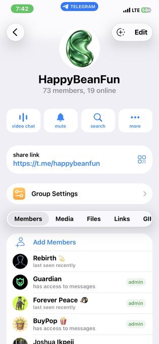 A Telegram group chat screen for 'HappyBeanFun' showing 73 members with 19 online, displaying the group link t.me/happybeanfun and a members list.