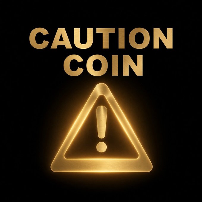 A gold 'CAUTION COIN' logo with a triangular warning sign and exclamation mark on a black background.