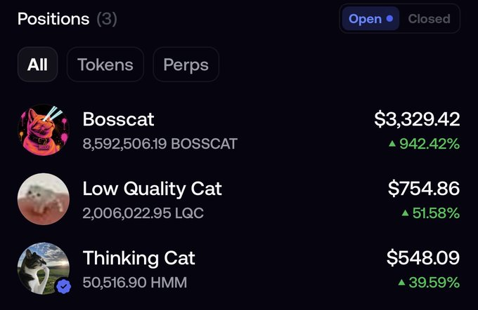 A trading portfolio dashboard shows three open positions in cat-themed tokens: Bosscat (BOSSCAT) valued at $3,329.42 with a 942.42% gain, Low Quality Cat (LQC) at $754.86 up 51.58%, and Thinking Cat (HMM) at $548.09 up 39.59%. The image visually backs up the post's playful thesis that "cat coins" are delivering alpha, with all three holdings posting significant profits.