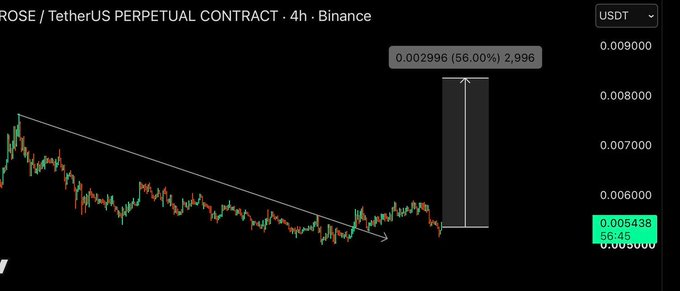 A ROSE/USDT perpetual contract chart on Binance shows a 56.00% price increase to 0.002996, with a descending trendline breakout marked by arrows.