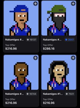 Four pixel-art NFT avatars listed for sale under the 'Nakamigos' collection, each priced at a top offer of $216.96, featuring characters with different hats and facial hair.