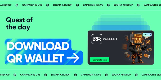 A promotional banner features the "Quest of the day: Download QR Wallet" in bold text, alongside an illustration of a character with a QR code head holding "+100 XP," encouraging users to complete the task to earn rewards. The banner reinforces the post's call to action by highlighting the QR Wallet app and its reward incentive for downloading.