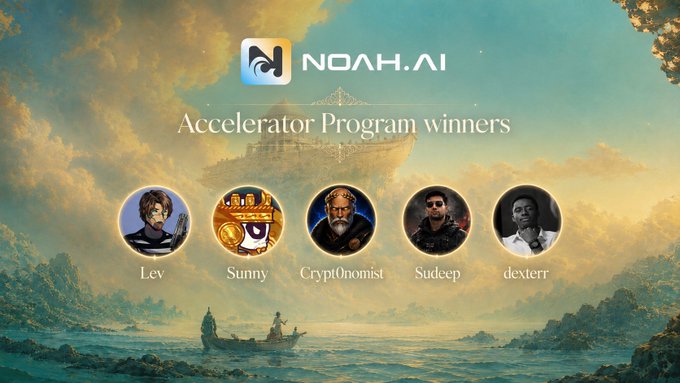 A promotional graphic for 'NOAH.AI Accelerator Program winners' displaying five avatars with the names Lev, Sunny, Crypt0nomist, Sudeep, and dexterr.