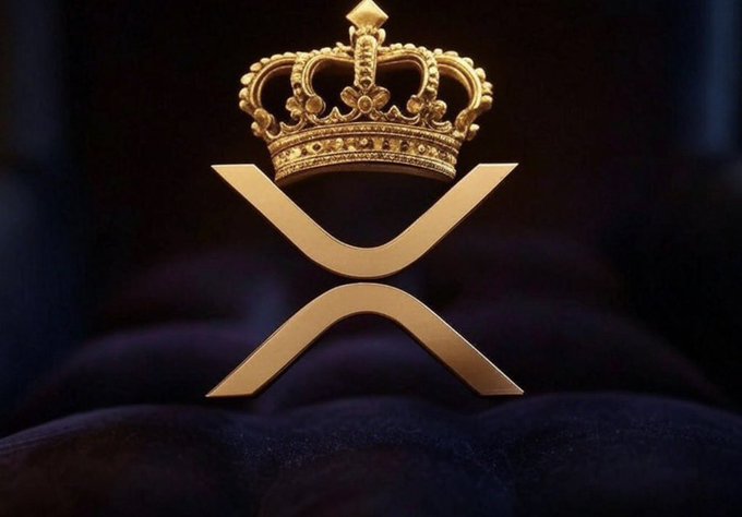 A golden XRP logo topped with an ornate royal crown rests on dark velvet fabric, symbolizing the post's claim that XRP should be regarded as the "king" of cryptocurrencies. The regal imagery reinforces the message about stacking $XRP based on the history of 589.