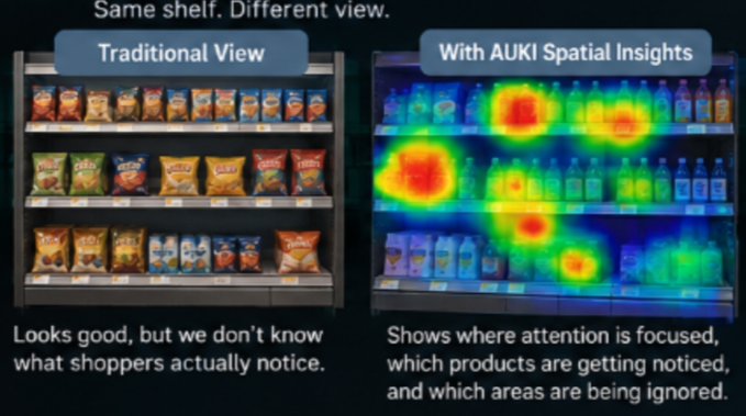 A side-by-side comparison showing 'Traditional View' of a store shelf versus 'With AUKI Spatial Insights' displaying a heat map of shopper attention focus on products.