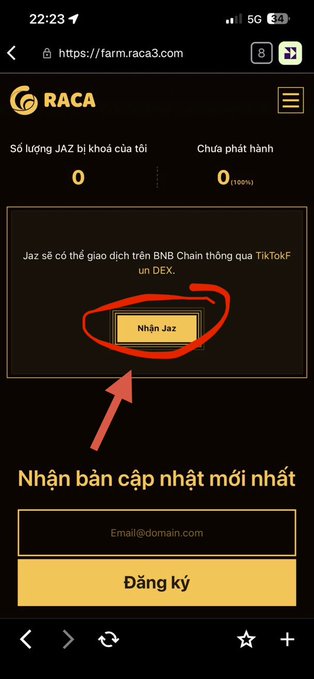 A mobile screenshot of the RACA website (farm.raca3.com) shows a 'Nhận Jaz' button circled in red with an arrow pointing to it, above an email registration form.