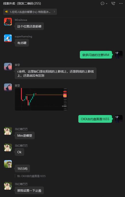 A Chinese trading group chat discussing a short-term "MM" (market maker) target, with one member sharing a candlestick chart and stating "OKX合约盘面是1655" (OKX futures chart is 1655), directly aligning with the post's boast of a precisely predicted 1655 price target for SanDisk.