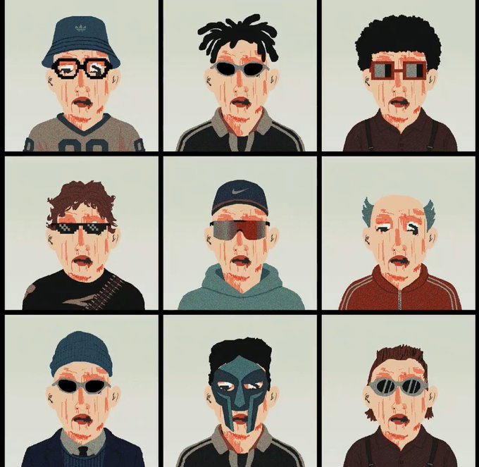 A 3x3 grid featuring pixel-art portraits of nine stylized characters wearing various accessories like hats, sunglasses, and masks, with blood dripping down their faces. The image relates to the post as it showcases the artwork for the "Outliers" NFT collection by Ashish Mode, which had 3,333 pieces minted on OpenSea.