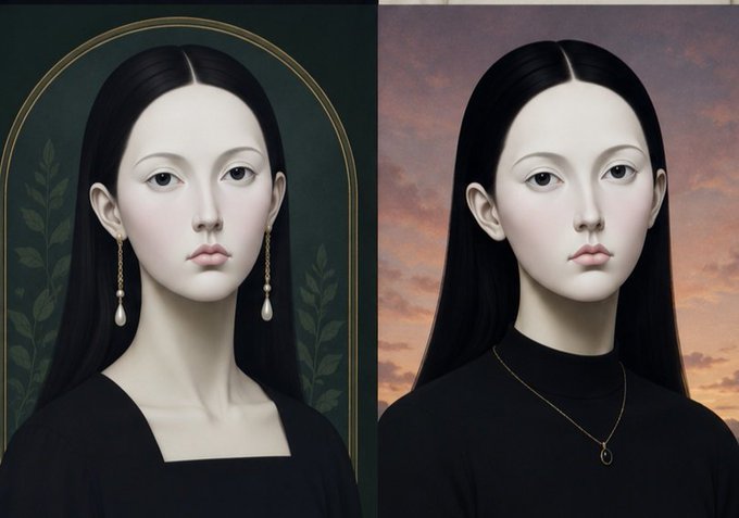 A side-by-side comparison of two AI-rendered portraits of a pale, dark-haired woman in black—one set against a dark green frame with floral motifs and pearl drop earrings, the other against a sunset sky with a delicate gold necklace.

The image doesn't directly illustrate the mint details, but the contrasting backdrops (day vs. dusk) loosely evoke the timed stages mentioned in the post—8 PM guaranteed mint shifting into the 9 PM public mint window.
