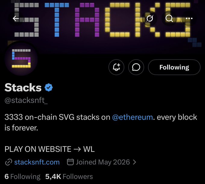 The image shows a Twitter post featuring a picture of blocks that says "Stacks" along with an explanation of the block's contents, saying "333 on-chain SVG stacks every block is forever". The text also mentions the presence of other followers in the "Following" section and possibly a raffle or fundraiser. It appears to be a social media post related to a discussion about blockchain technology or cryptocurrency, as indicated by the use of the word "Stacksnft".