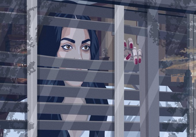 An animated illustration of a dark-haired woman peering through window blinds, with her red-painted fingers gripping the slats.