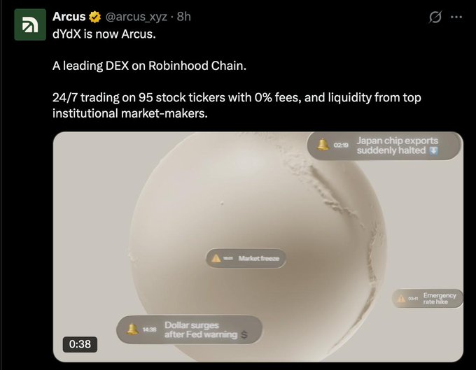 A social media post from Arcus (@arcus_xyz) announces 'dYdX is now Arcus,' describing it as a leading DEX on Robinhood Chain with 24/7 trading on 95 stock tickers with 0% fees.
