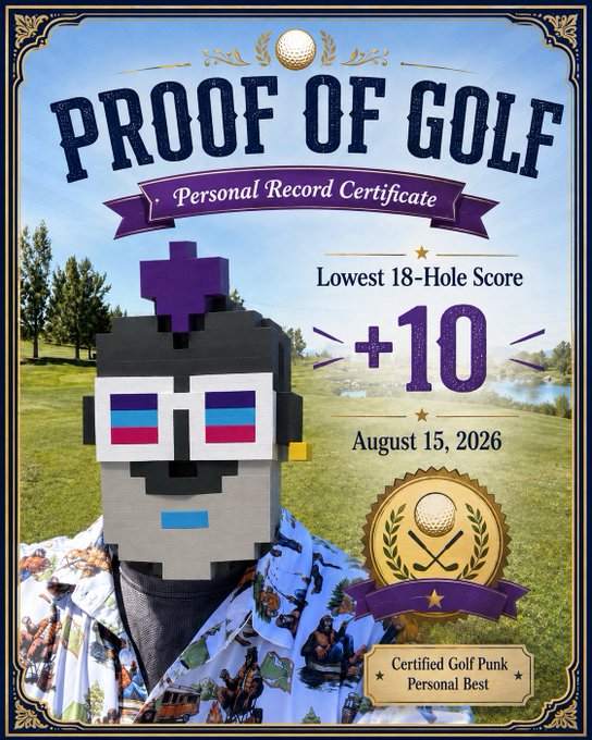 A "Proof of Golf" certificate celebrating a personal record of "+10" as the Lowest 18-Hole Score on August 15, 2026, awarded to a "Certified Golf Punk" whose face is obscured by a pixelated LEGO-style figure wearing sunglasses and an Arizona iced tea cap, fitting the playful "PoG" theme of the post.