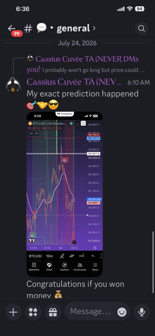 Discord chat screenshot from a 'general' channel dated July 24, 2026, showing a user named 'Cassius Cuvée' sharing a BTCUSD price chart prediction that came true, with the caption 'Congratulations if you won money'.