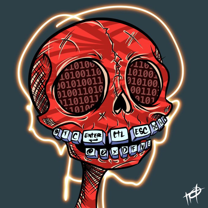 A red skull illustration with binary code-filled eye sockets and keyboard keys forming teeth (including "Enter," "Ctrl," "Esc," and number keys) is surrounded by a glowing neon outline, visually tying into the "Sans pseudo" digital identity of the NFT artist whose work is being displayed at NFT NYC.